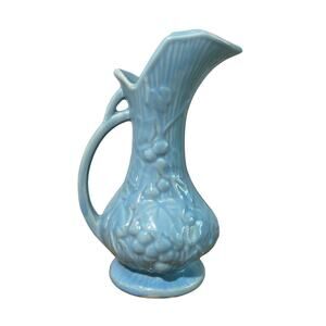 Vintage 1946 McCoy Pottery Leaves and Berries Blue Pitcher 9" Tall